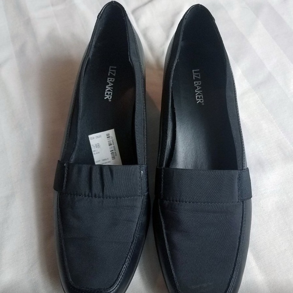 Liz Baker Meli Women's Black Leather Sip On Loafers Heels Wedges Shoes 7.5 7 1/2